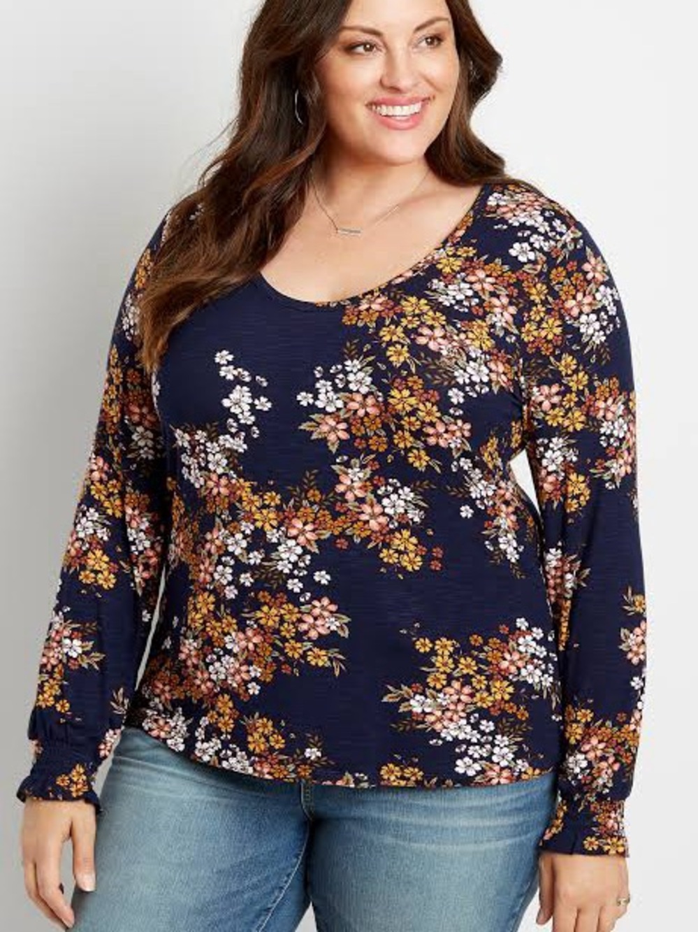 Maurices Blue Floral Long Flutter Sleeve Tuck In Tee